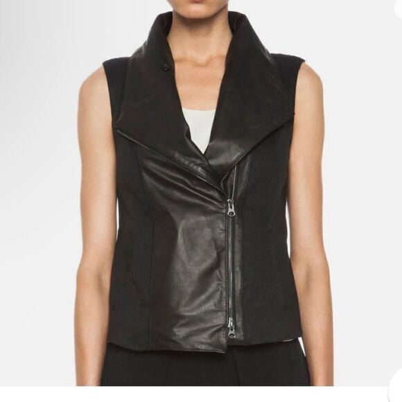 VINCE LEATHER AND LINEN ASYMMETRICAL MOTO VEST - Picture 13 of 14